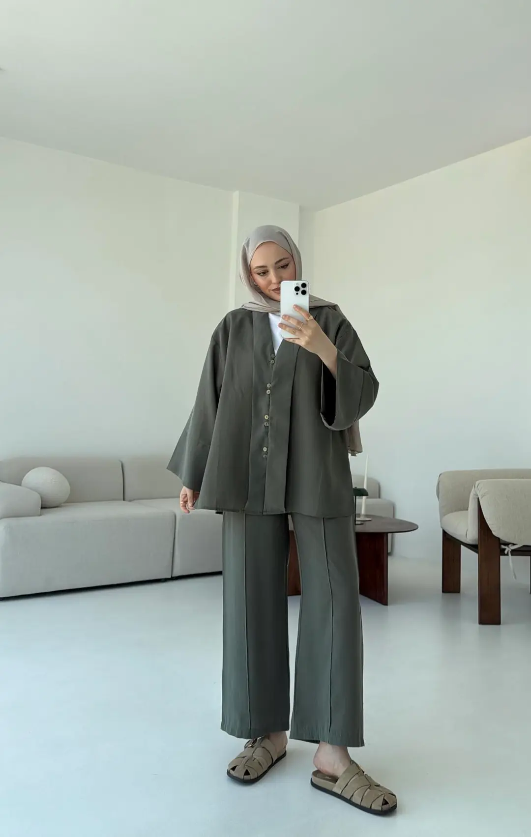 Şal Yaka Düğmeli Takım Haki - Görsel 9