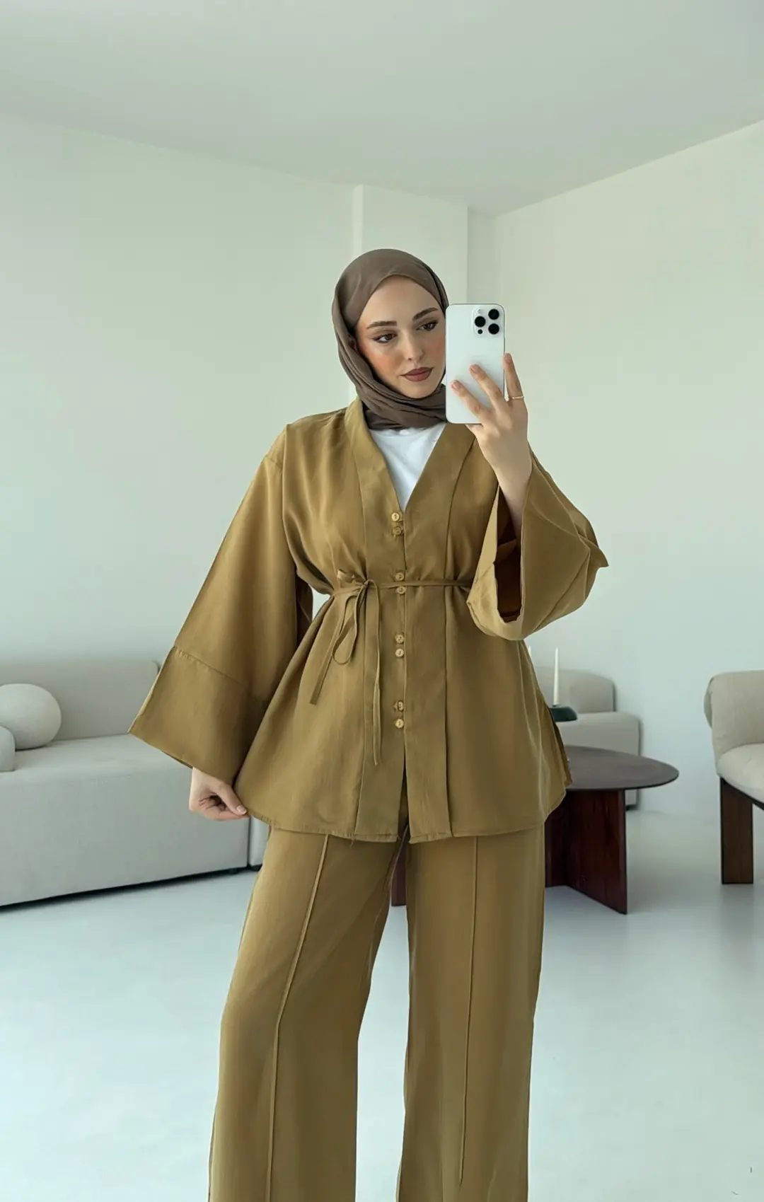 Şal Yaka Düğmeli Takım Hardal - Görsel 5