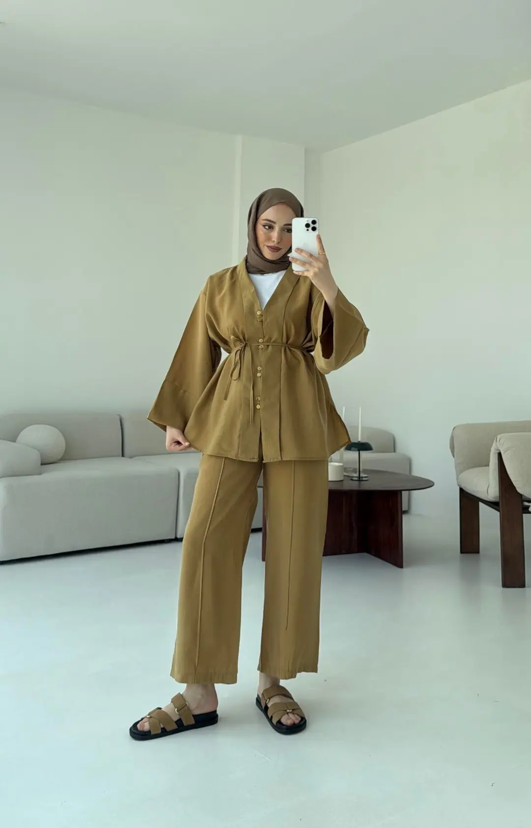 Şal Yaka Düğmeli Takım Hardal - Görsel 6