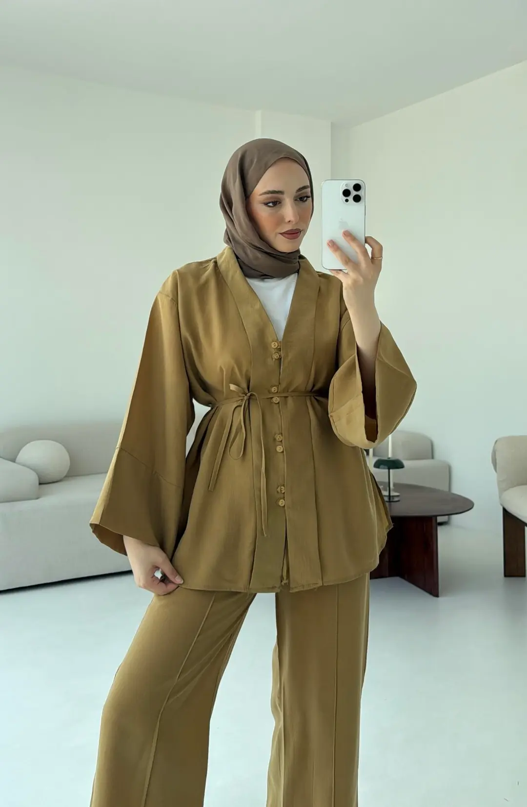 Şal Yaka Düğmeli Takım Hardal - Görsel 7