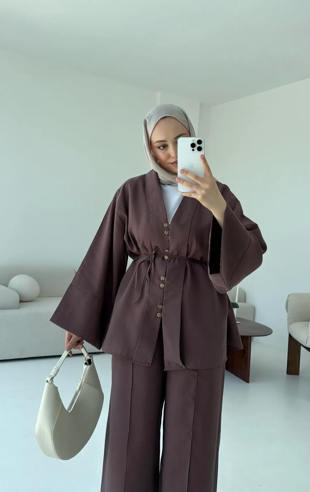 Şal Yaka Düğmeli Takım Kahve - Görsel 3