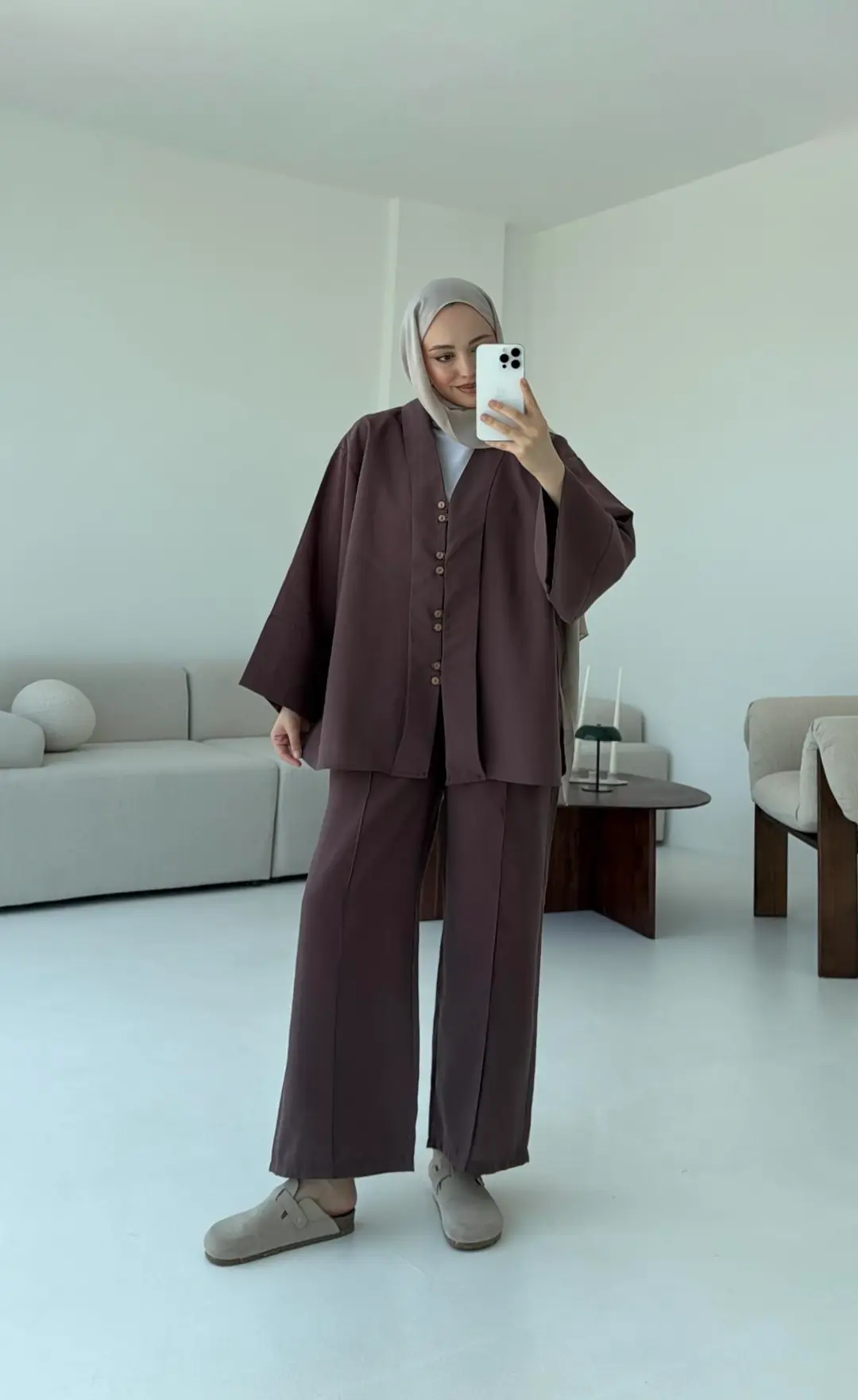 Şal Yaka Düğmeli Takım Kahve - Görsel 4