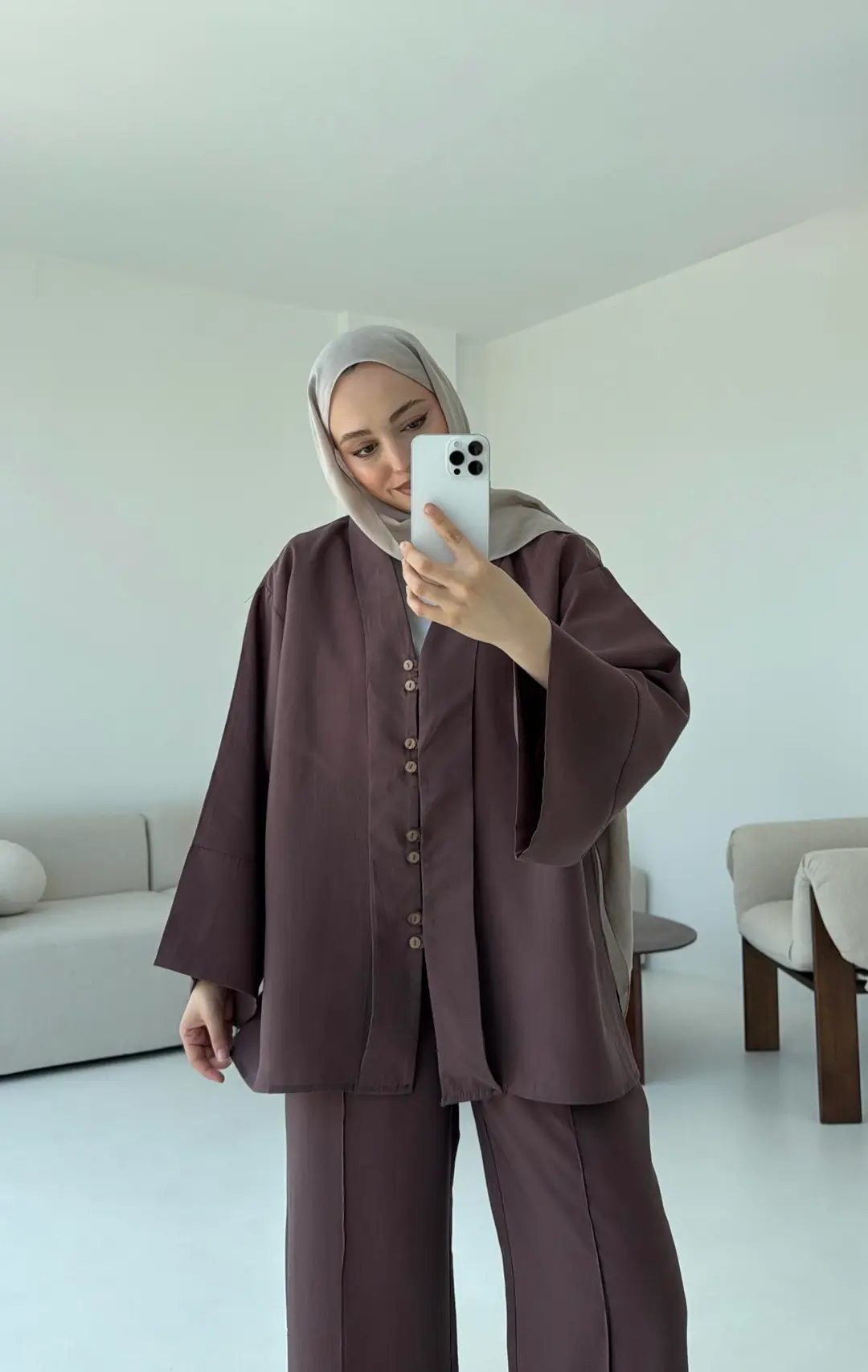 Şal Yaka Düğmeli Takım Kahve - Görsel 5