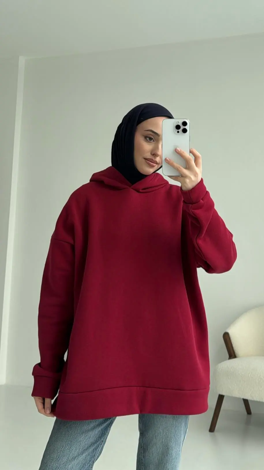 Şardonlu Oversize Bordo Sweatshirt