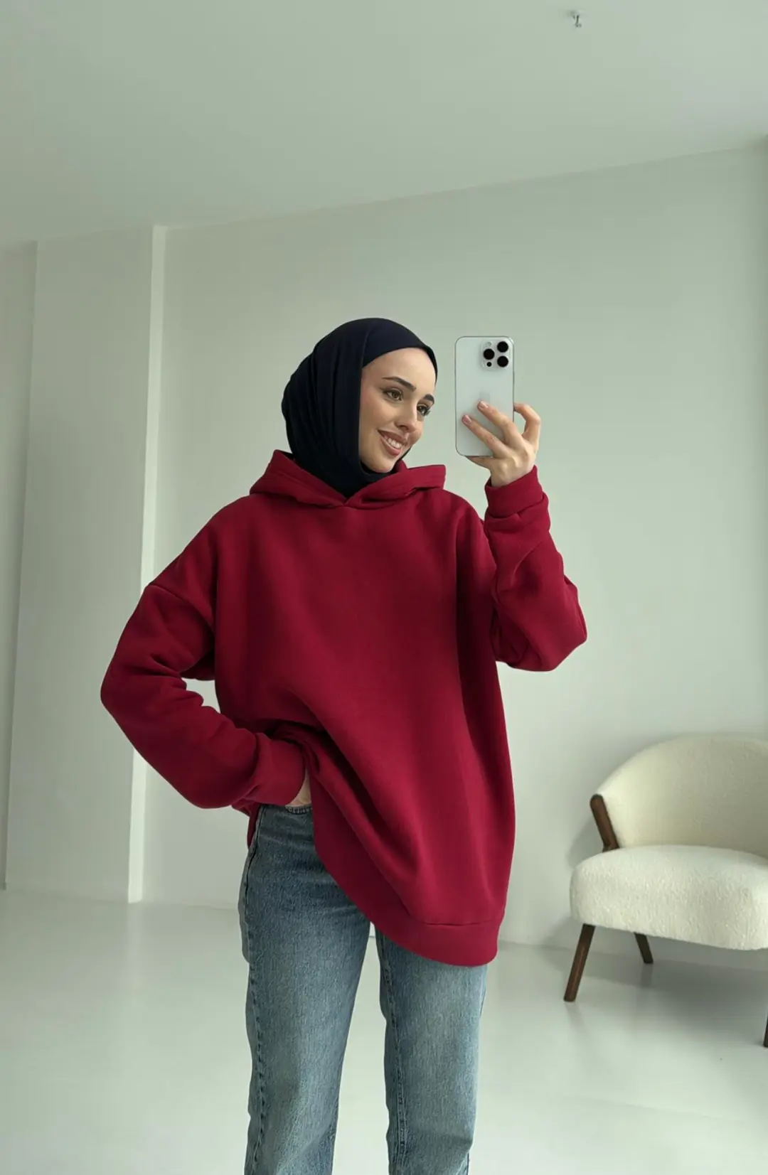 Şardonlu Oversize Bordo Sweatshirt - Görsel 3