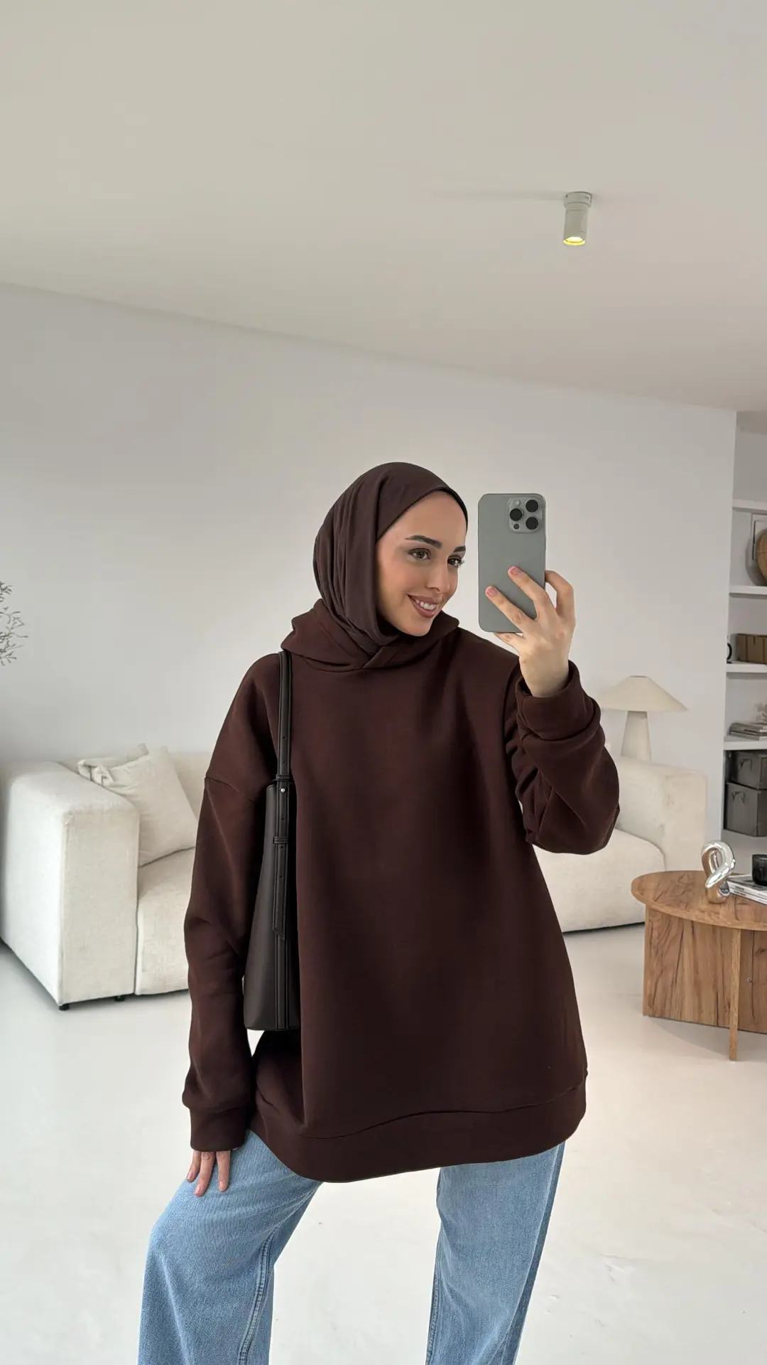 Şardonlu Oversize Kahve Sweatshirt - Görsel 2