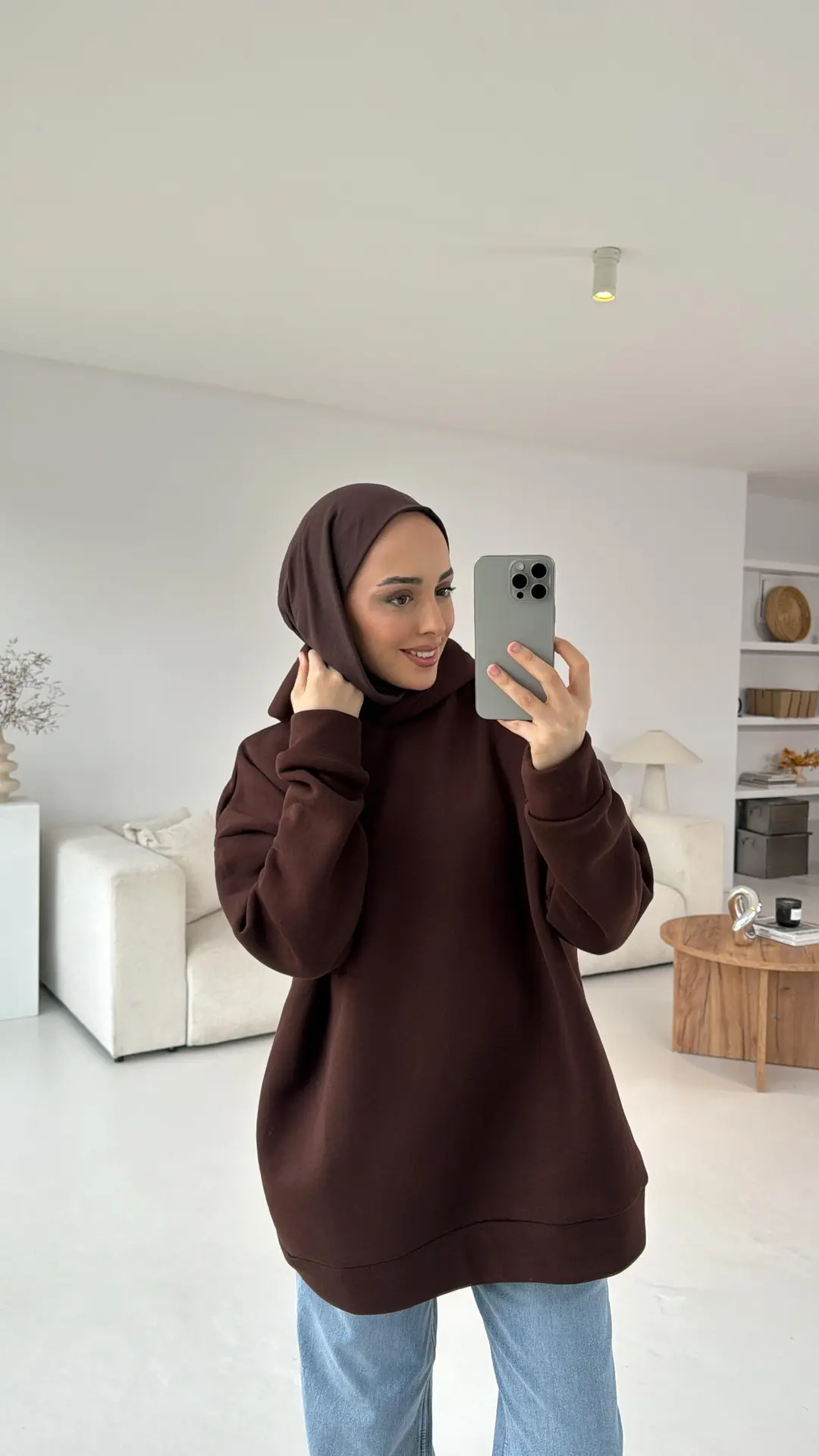 Şardonlu Oversize Kahve Sweatshirt - Görsel 4