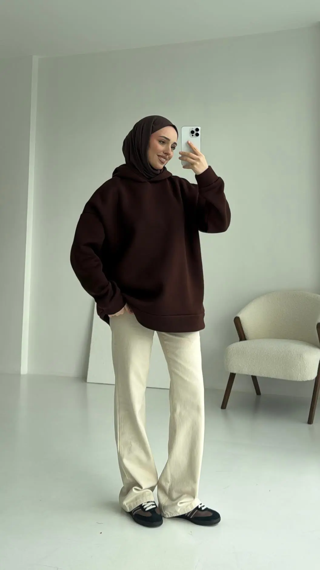 Şardonlu Oversize Kahve Sweatshirt - Görsel 4
