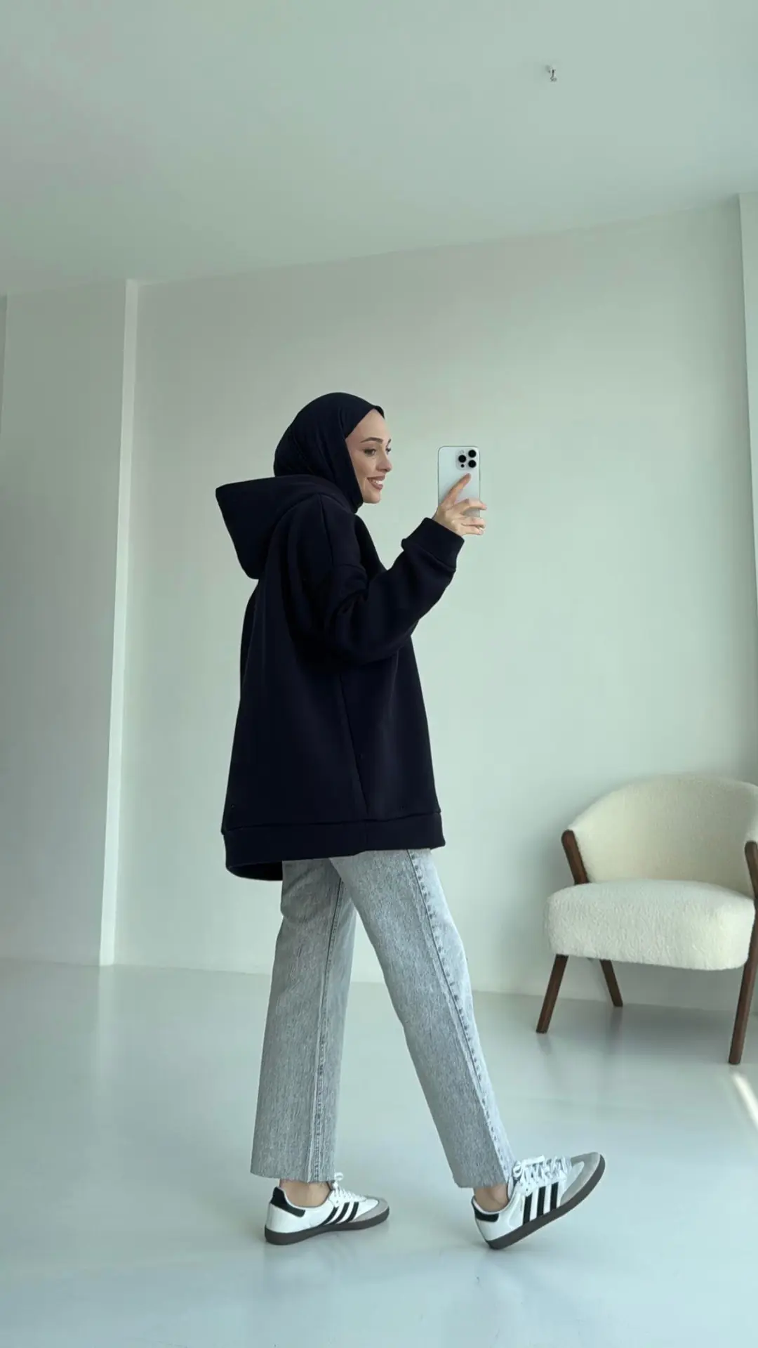 Şardonlu Oversize Lacivert Sweatshirt