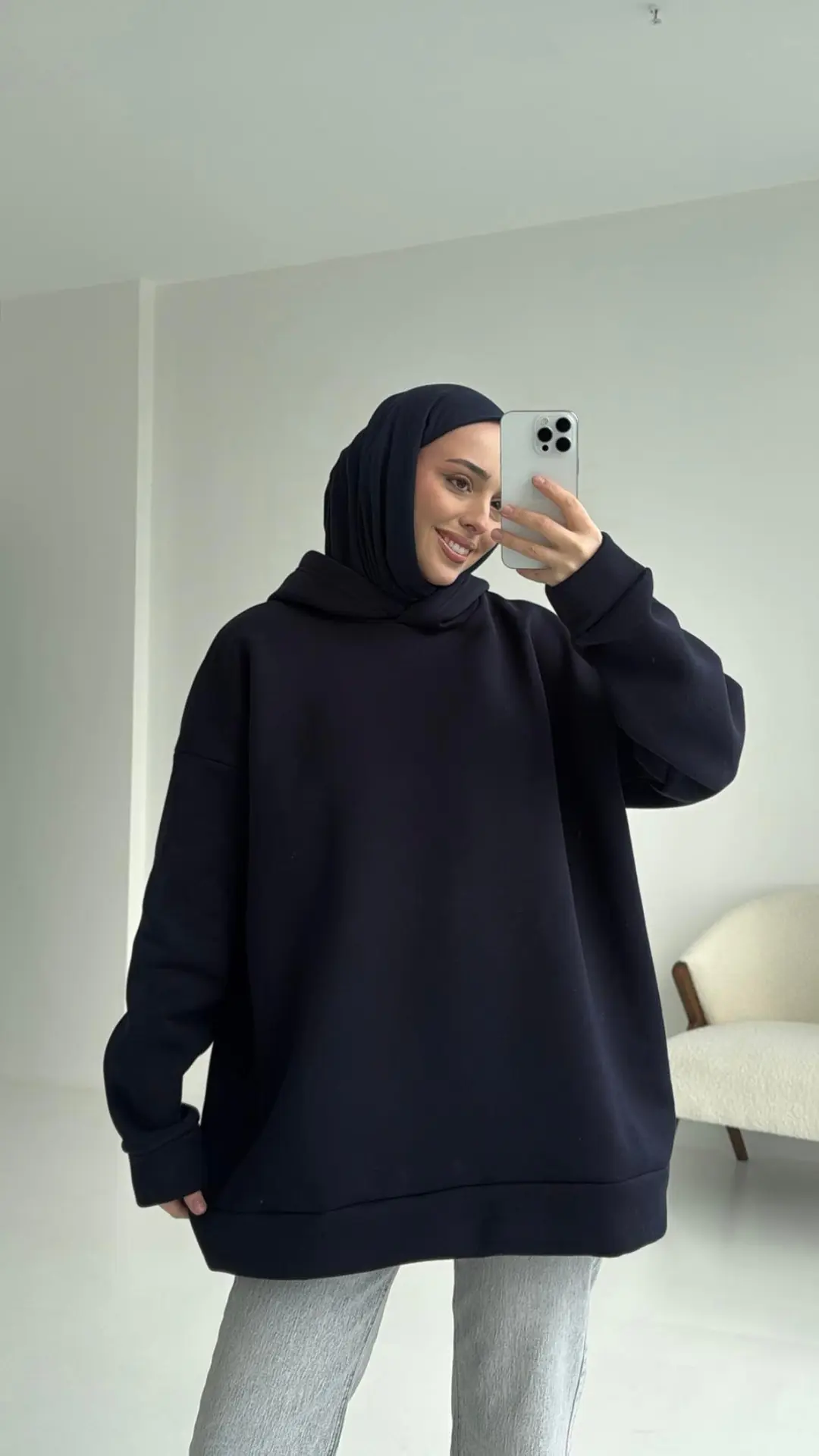 Şardonlu Oversize Lacivert Sweatshirt - Görsel 5