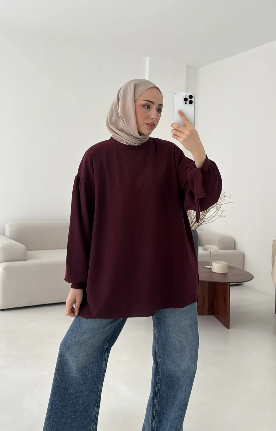 Selanik Balon Kol Bagcıklı Sweat Bordo - Görsel 3