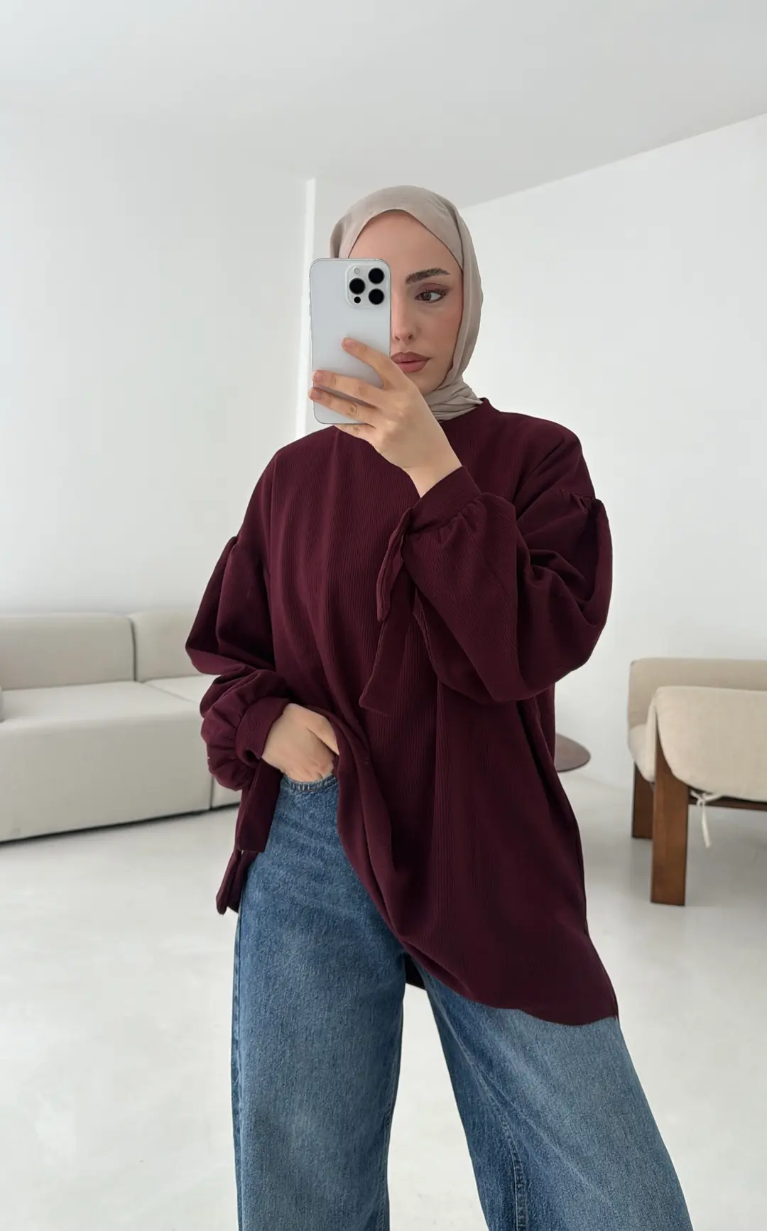 Selanik Balon Kol Bagcıklı Sweat Bordo - Görsel 6