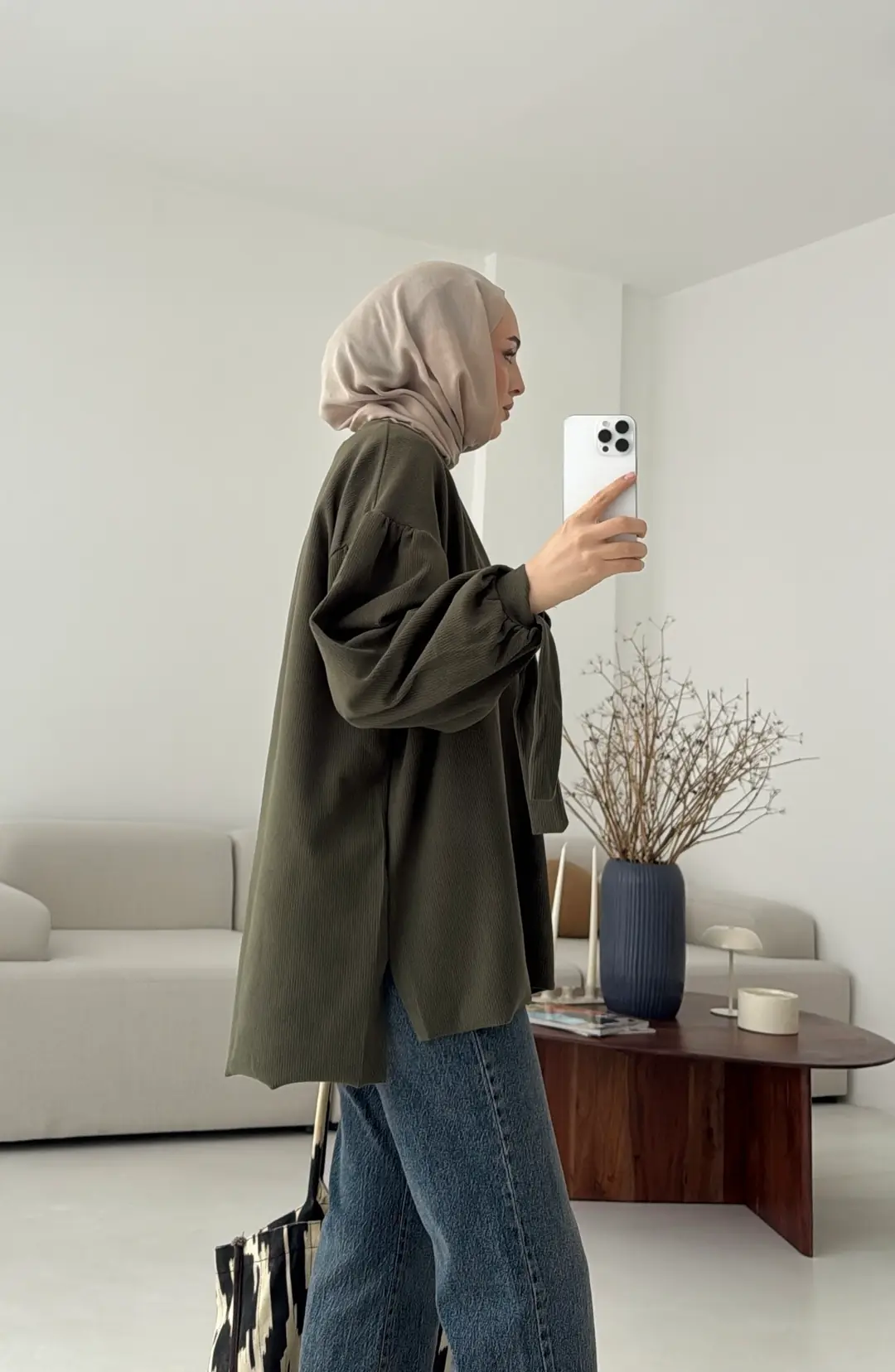 Selanik Balon Kol Bagcıklı Sweat Haki