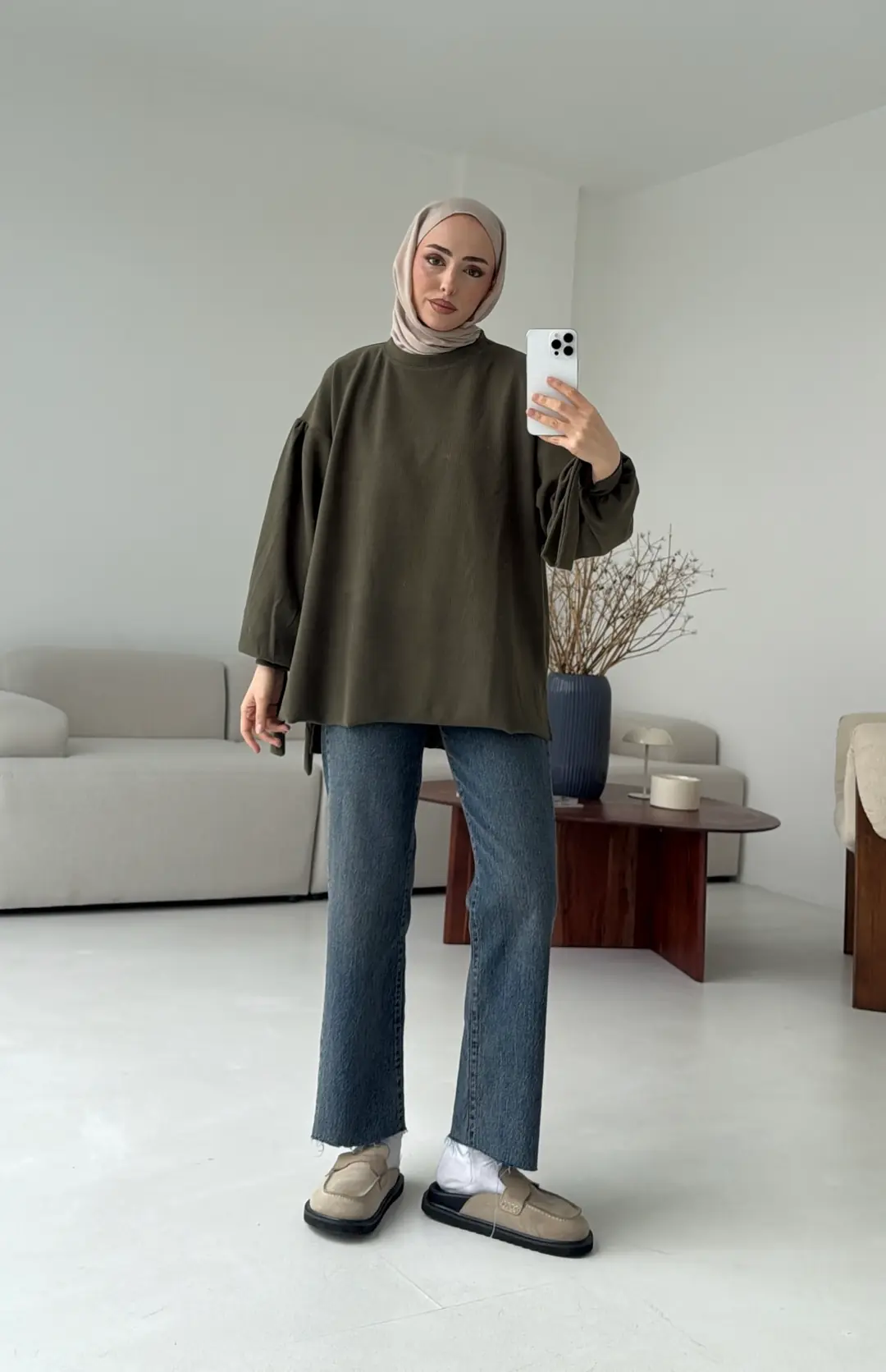 Selanik Balon Kol Bagcıklı Sweat Haki - Görsel 2