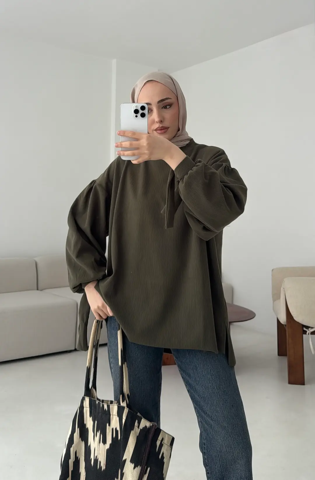 Selanik Balon Kol Bagcıklı Sweat Haki - Görsel 3