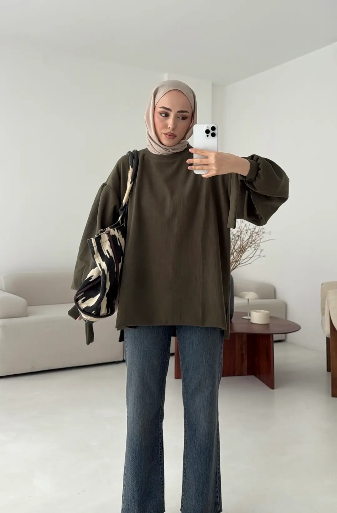 Selanik Balon Kol Bagcıklı Sweat Haki - Görsel 4