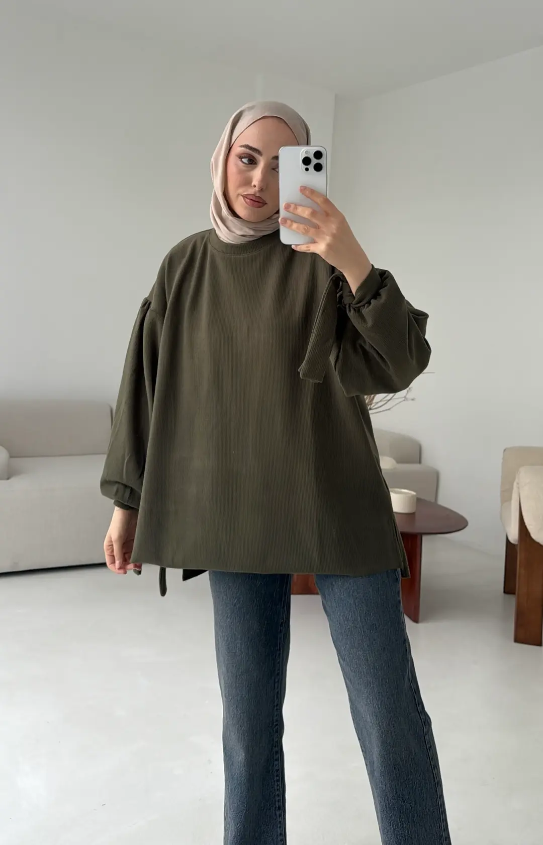 Selanik Balon Kol Bagcıklı Sweat Haki - Görsel 5