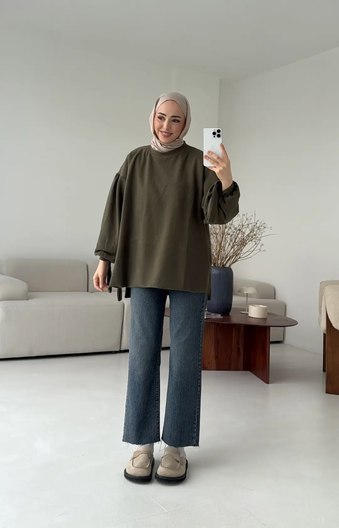 Selanik Balon Kol Bagcıklı Sweat Haki - Görsel 8