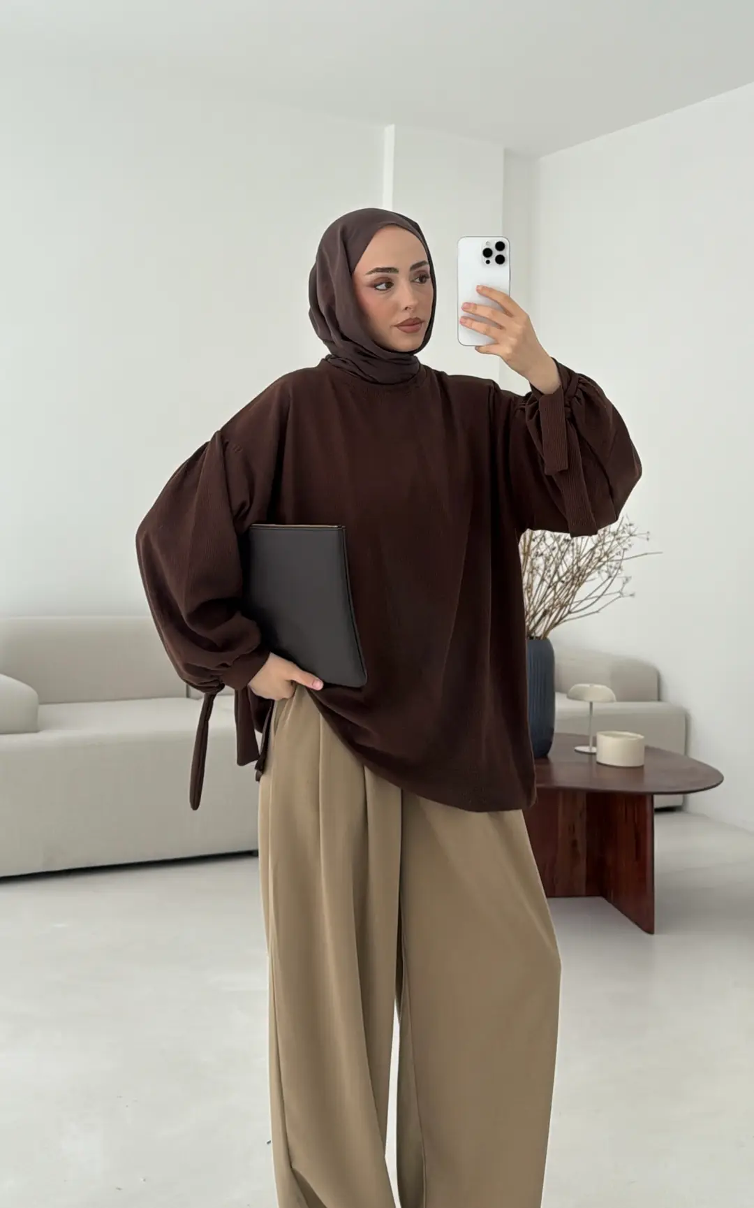 Selanik Balon Kol Bagcıklı Sweat Kahve - Görsel 10