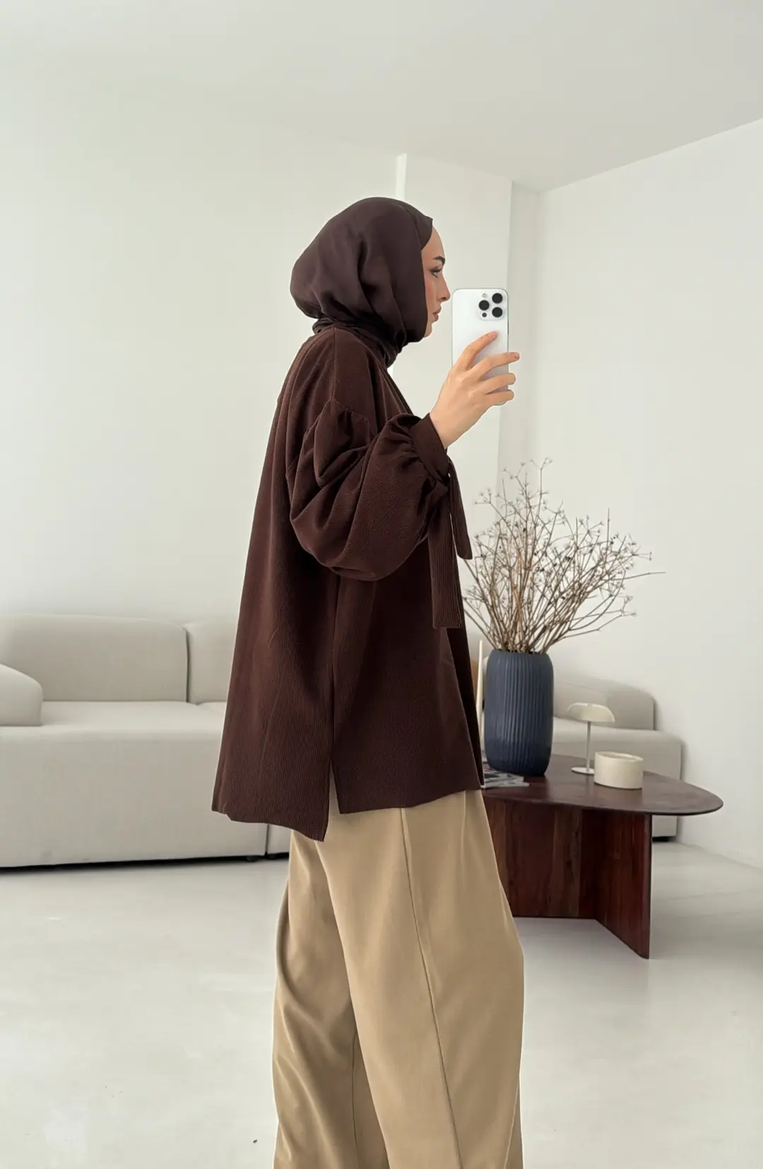 Selanik Balon Kol Bagcıklı Sweat Kahve - Görsel 2