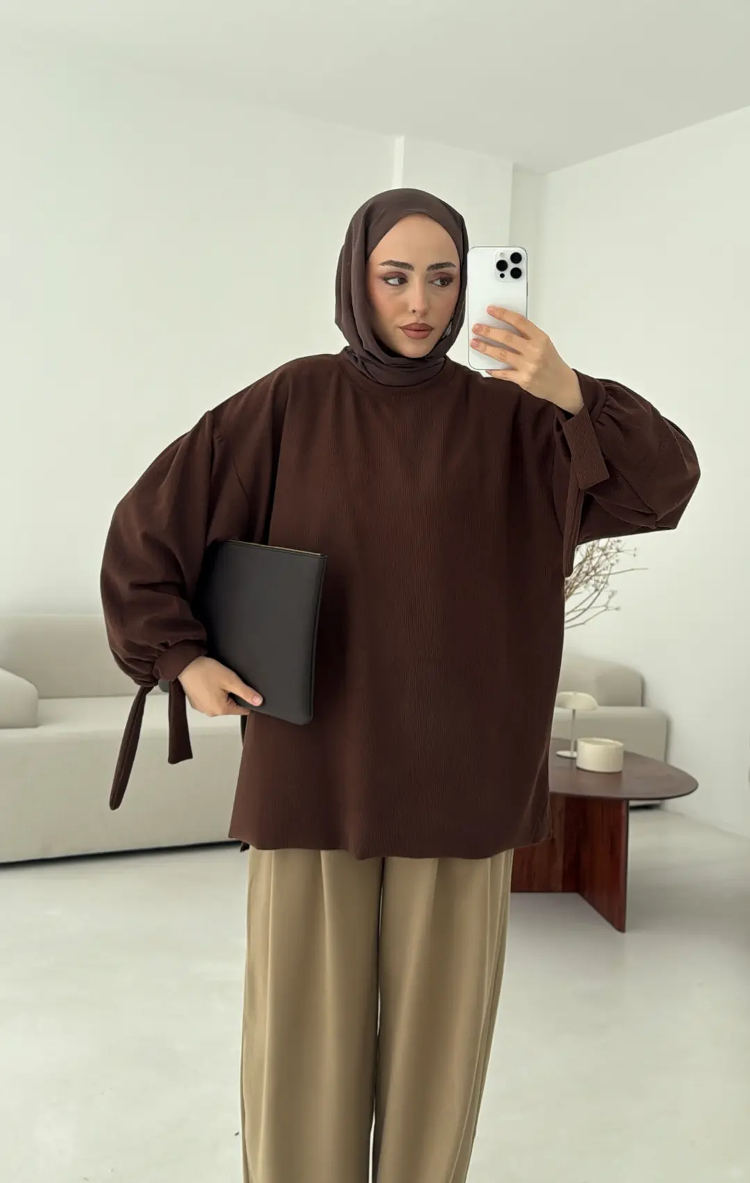 Selanik Balon Kol Bagcıklı Sweat Kahve - Görsel 5