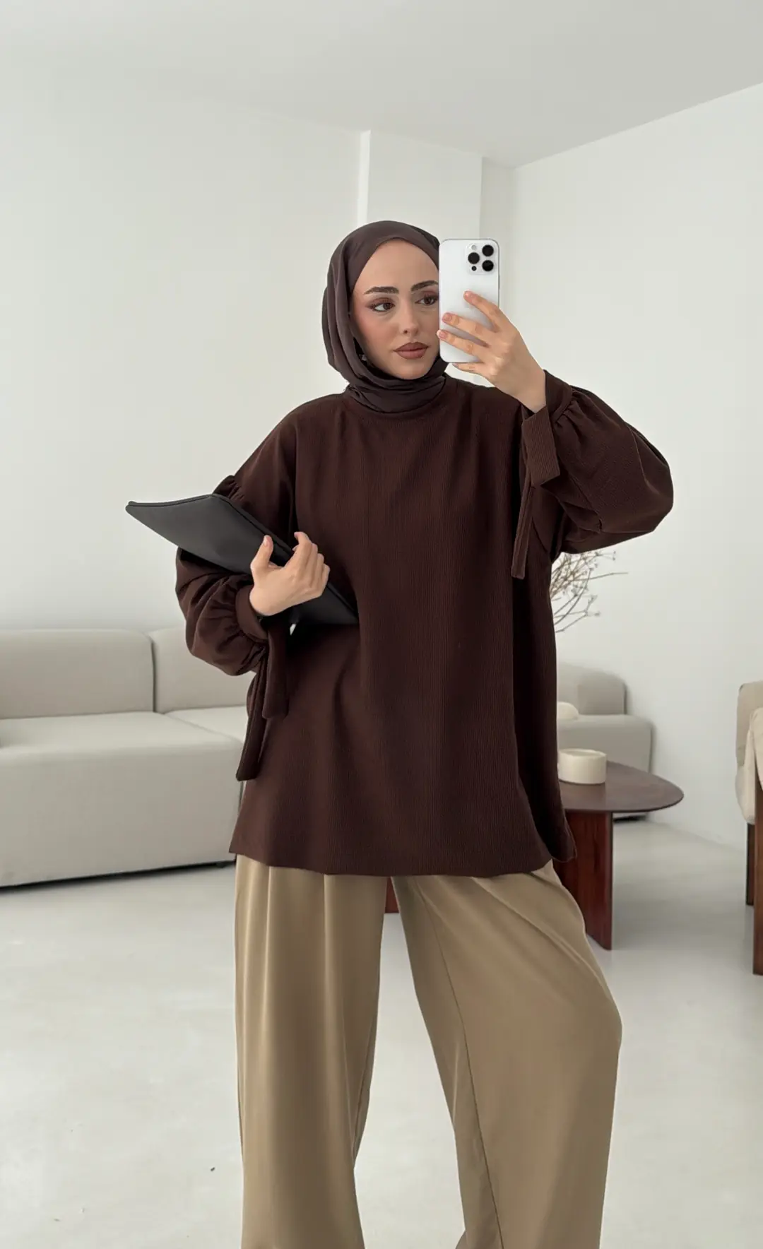 Selanik Balon Kol Bagcıklı Sweat Kahve - Görsel 6