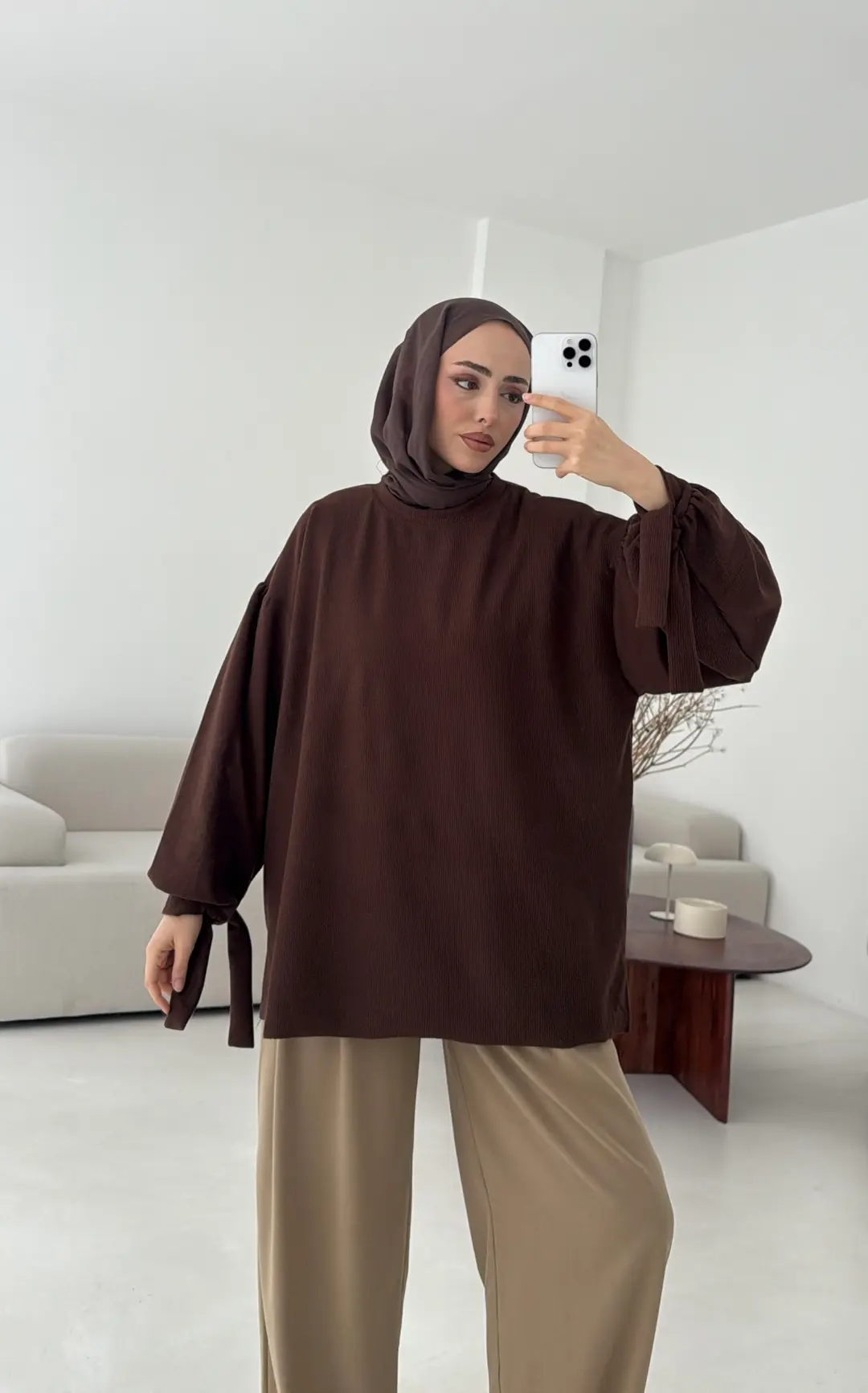 Selanik Balon Kol Bagcıklı Sweat Kahve - Görsel 9