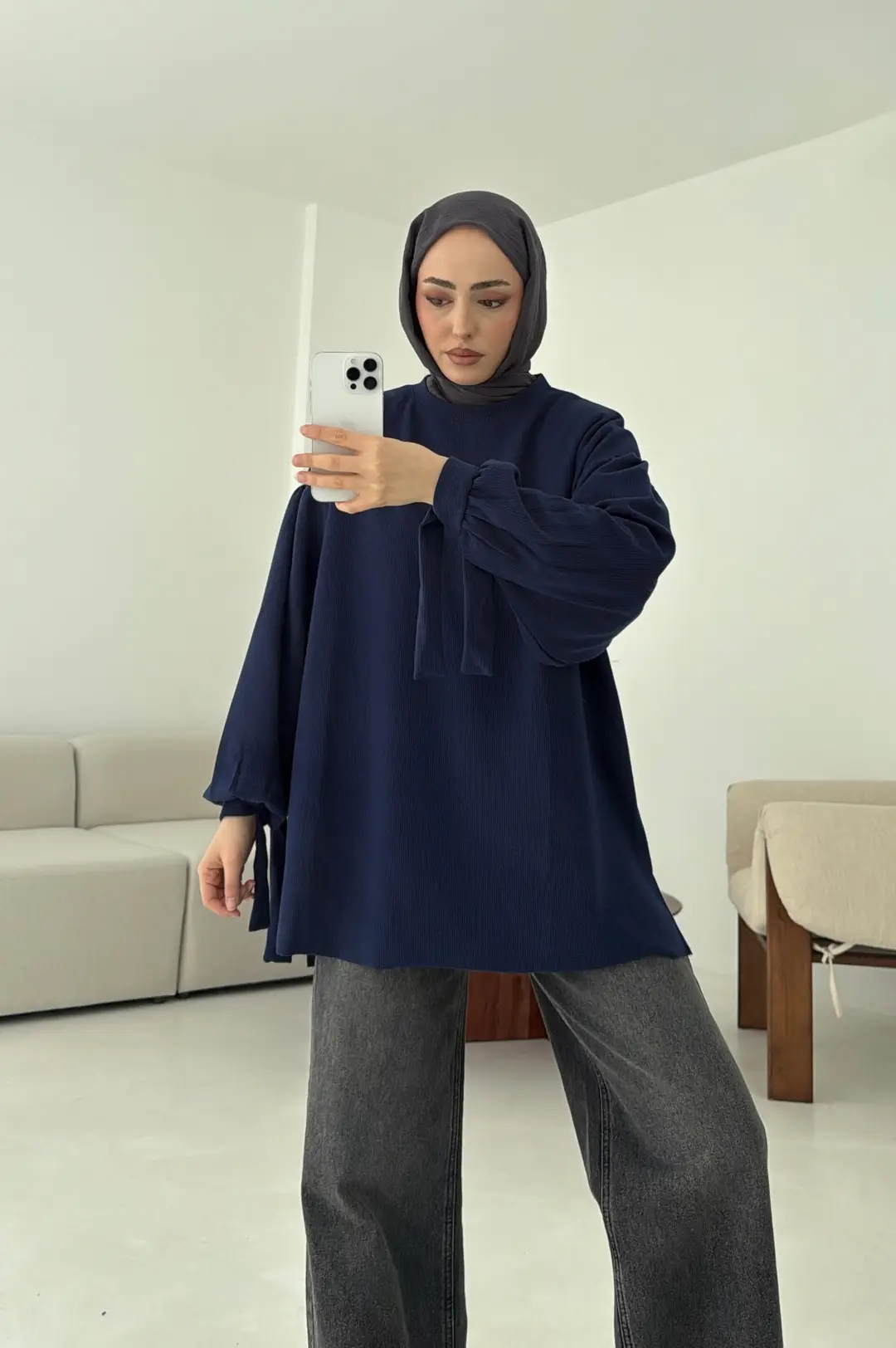 Selanik Balon Kol Bagcıklı Sweat Lacivert