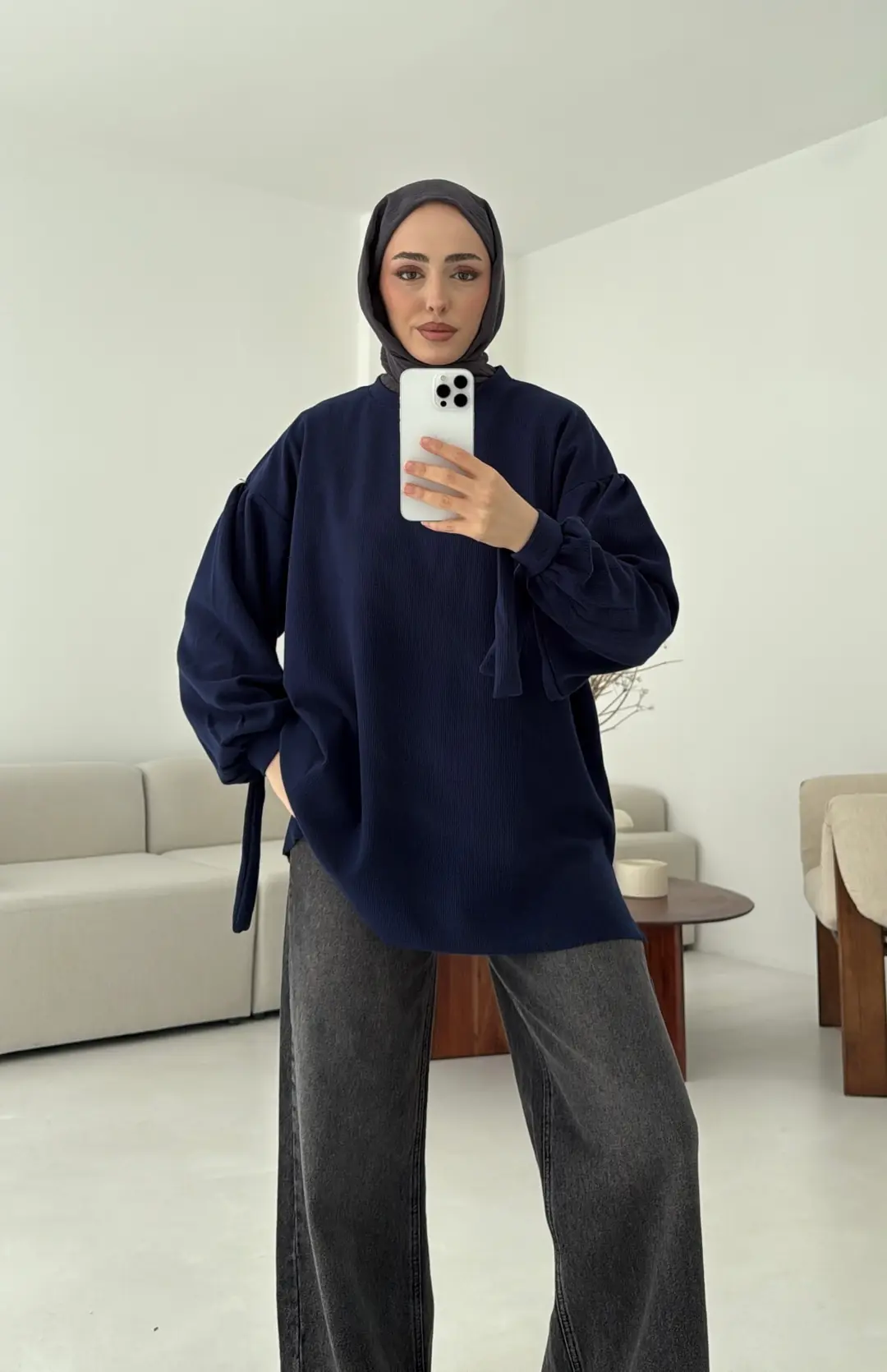 Selanik Balon Kol Bagcıklı Sweat Lacivert - Görsel 3