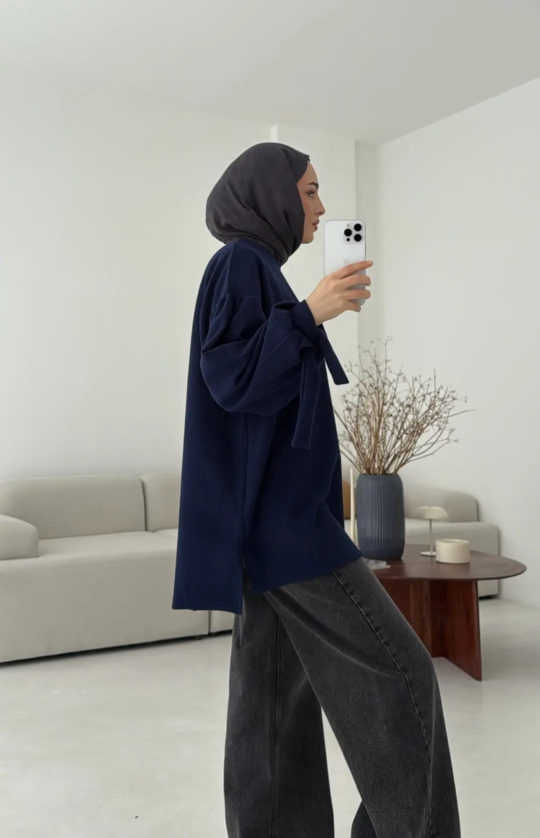 Selanik Balon Kol Bagcıklı Sweat Lacivert - Görsel 6