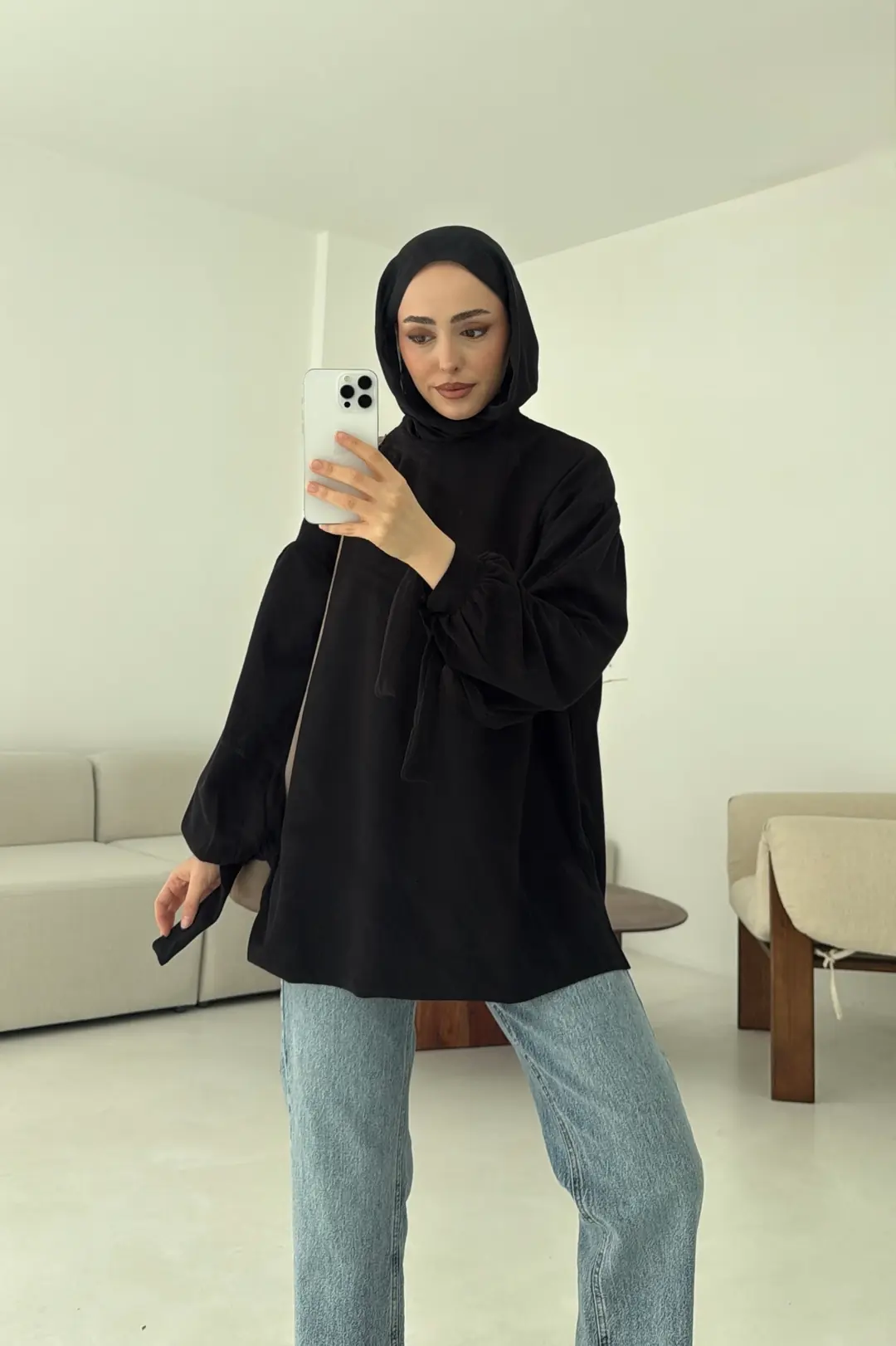 Selanik Balon Kol Bagcıklı Sweat Siyah