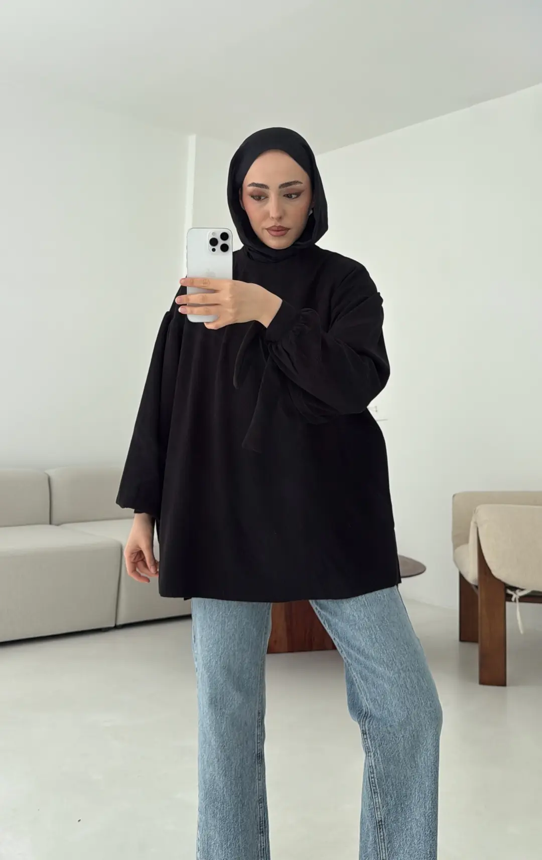 Selanik Balon Kol Bagcıklı Sweat Siyah - Görsel 5