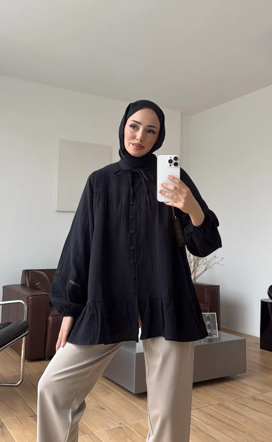 Şerit Detay Muslin Gömlek Siyah