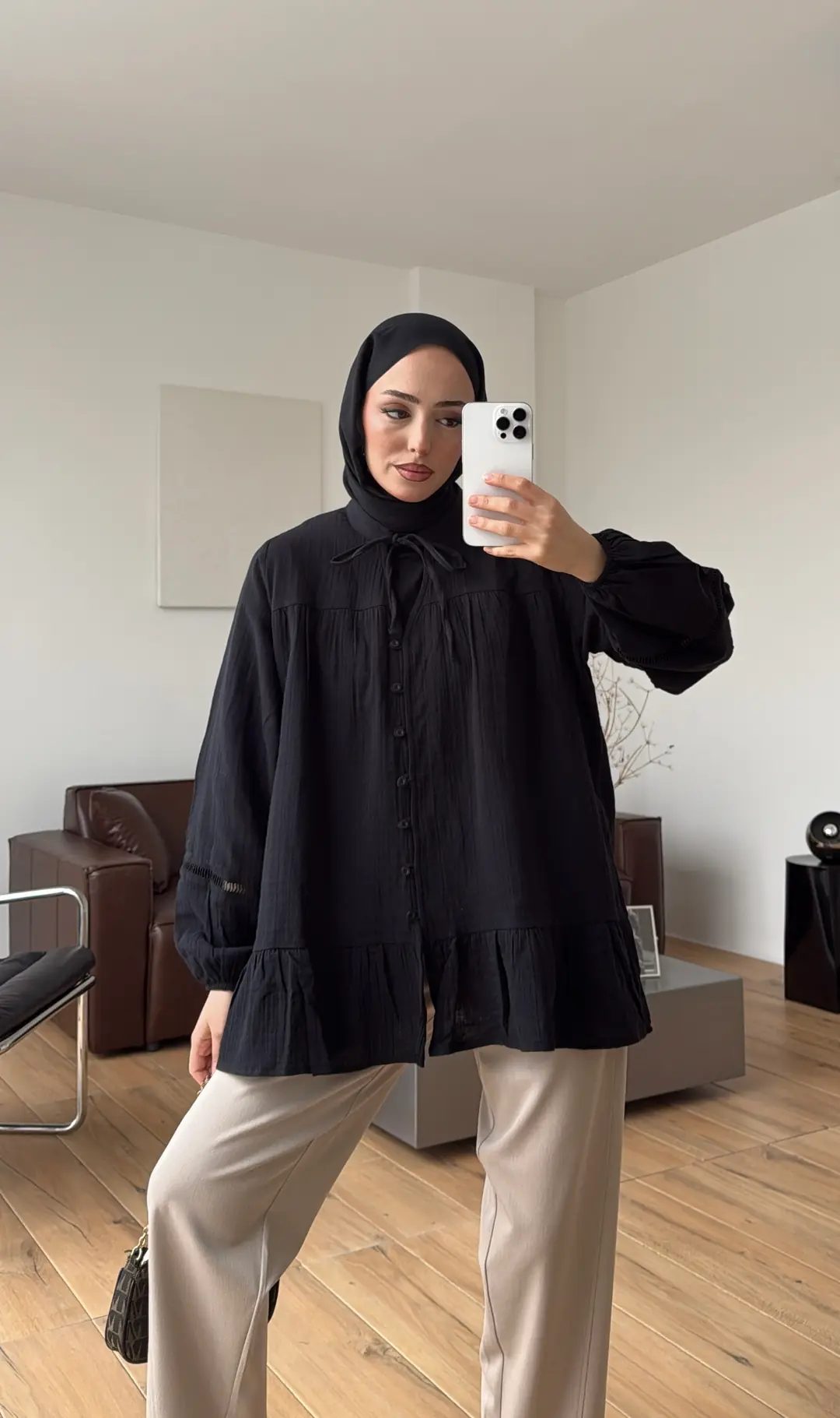 Şerit Detay Muslin Gömlek Siyah - Görsel 7