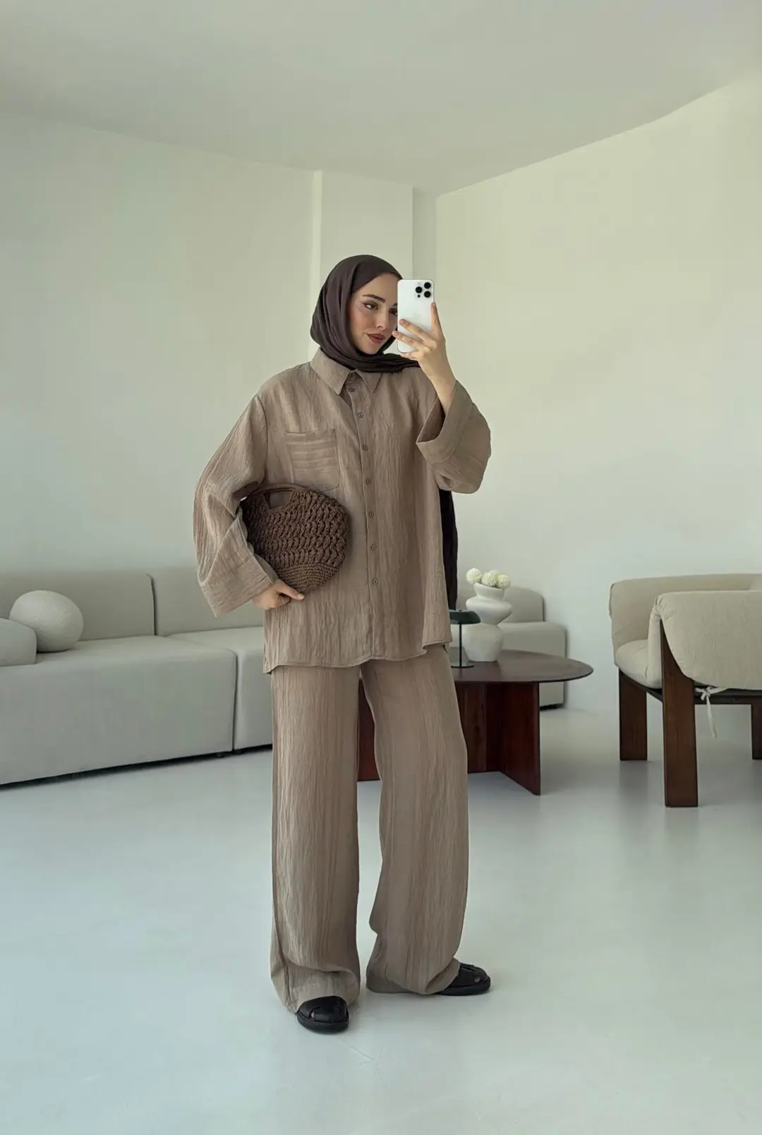 Şeritli Gömlekli Takım Acık Kahve