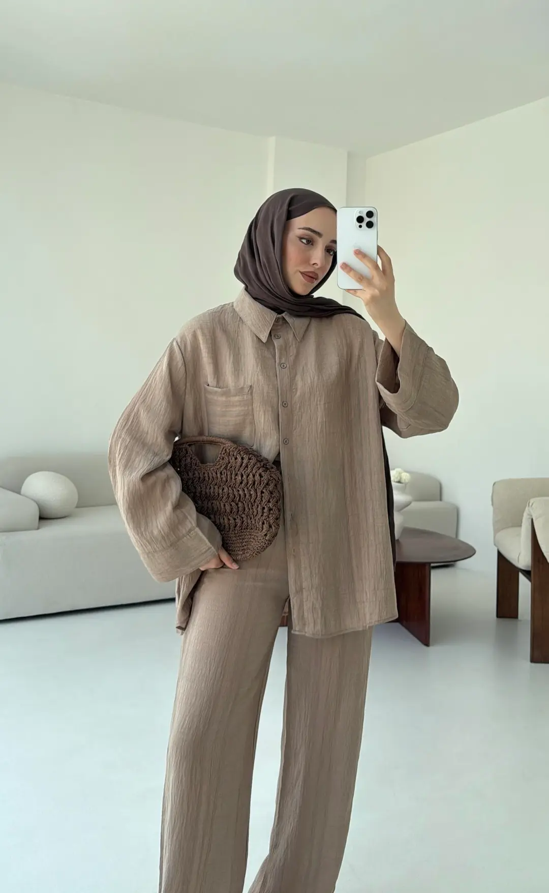 Şeritli Gömlekli Takım Acık Kahve - Görsel 2