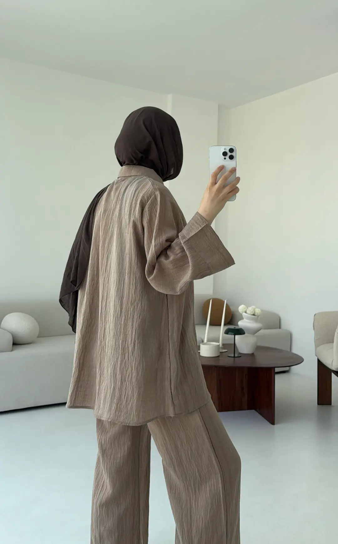 Şeritli Gömlekli Takım Acık Kahve - Görsel 4