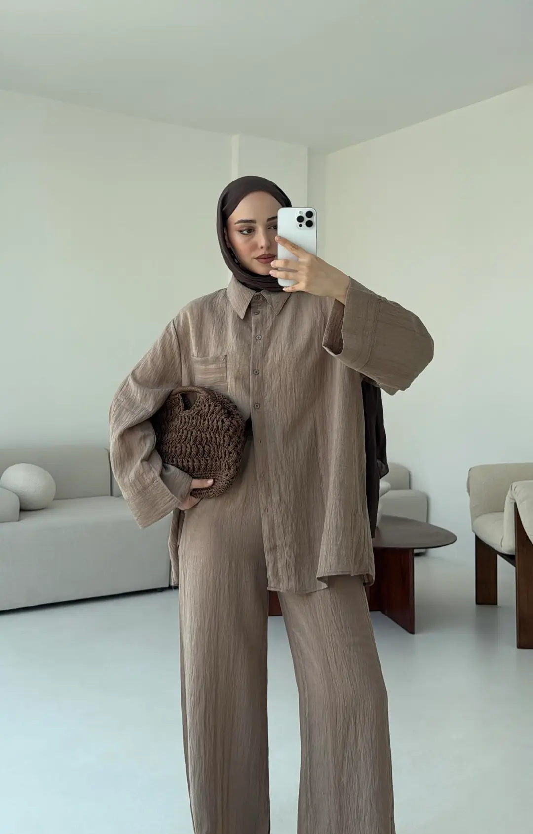 Şeritli Gömlekli Takım Acık Kahve - Görsel 5