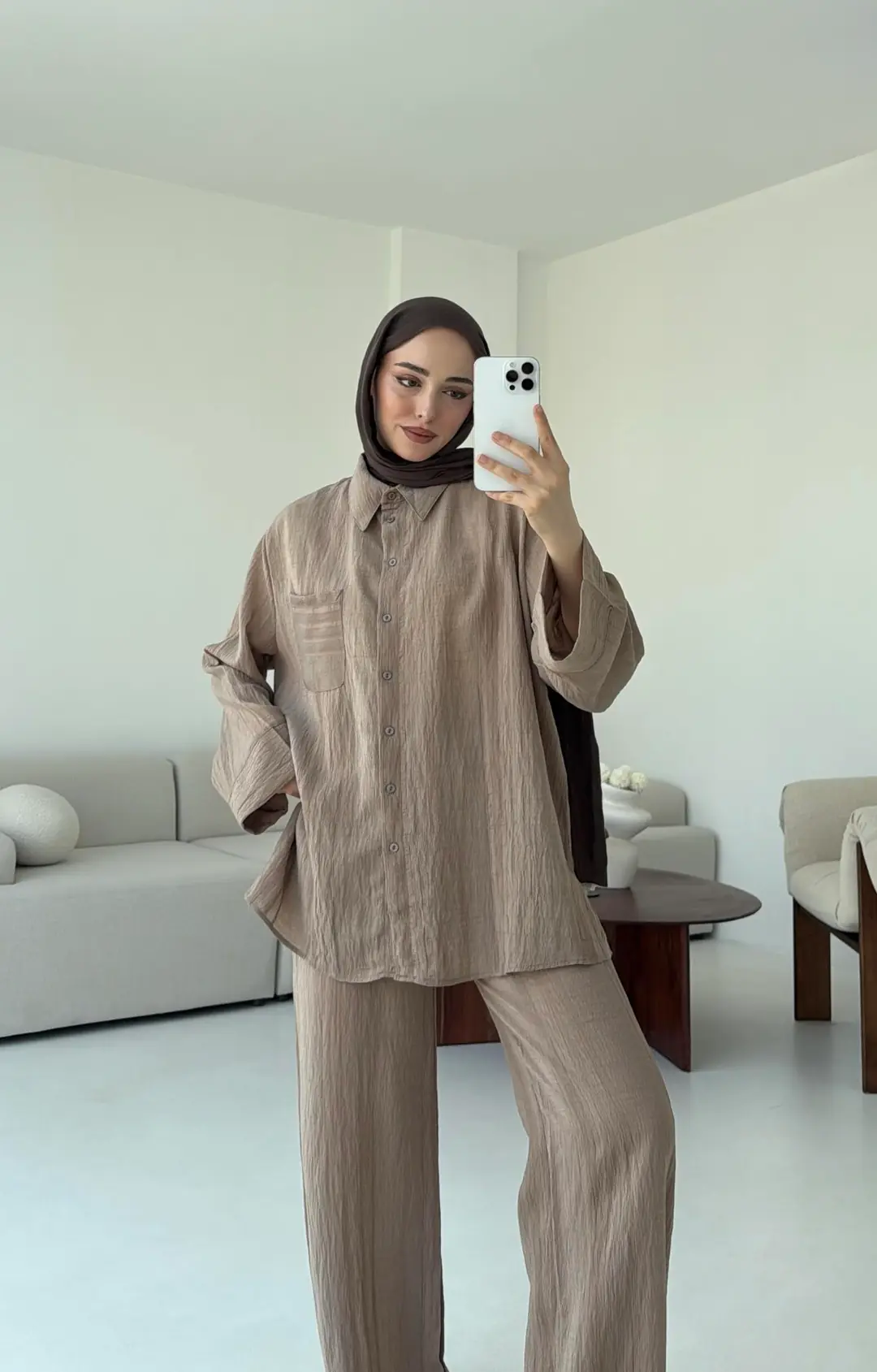 Şeritli Gömlekli Takım Acık Kahve - Görsel 6