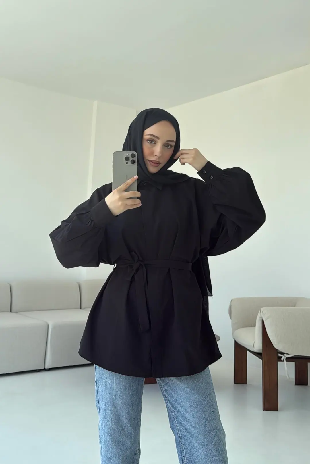 Siyah Balon Kol Bağlamalı Gömlek - Görsel 5