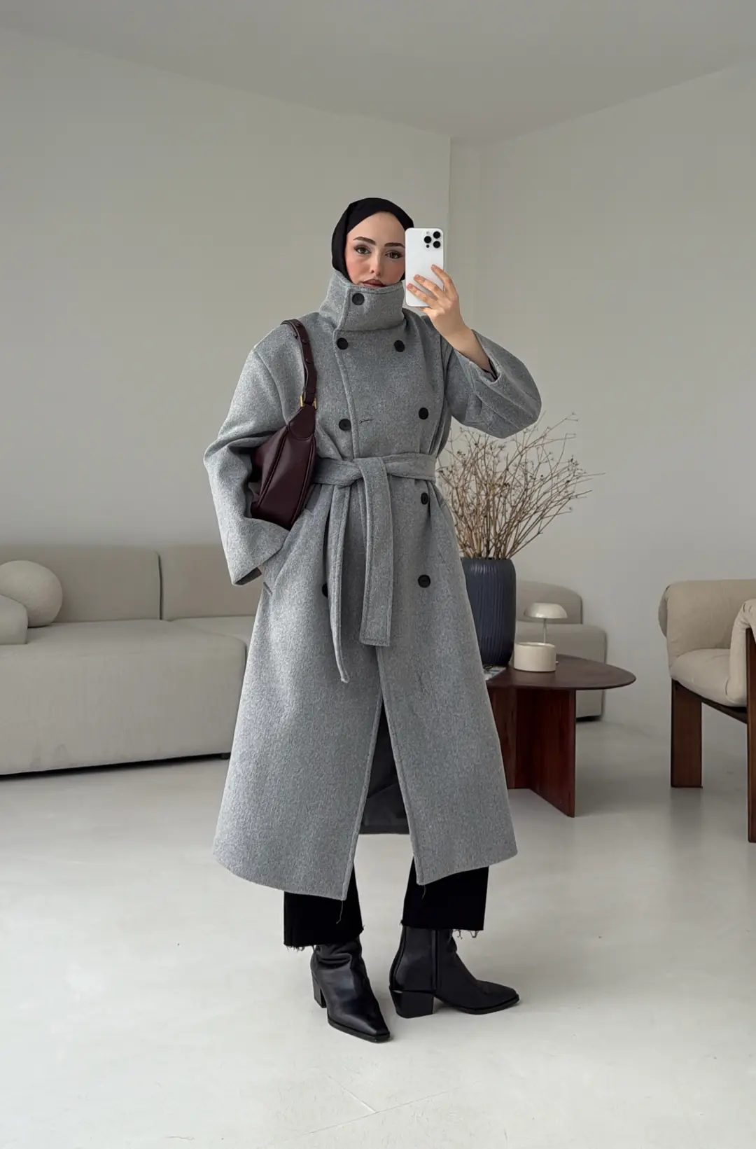 Siyah Düğmeli Yakalı Kaban Gri - Görsel 8