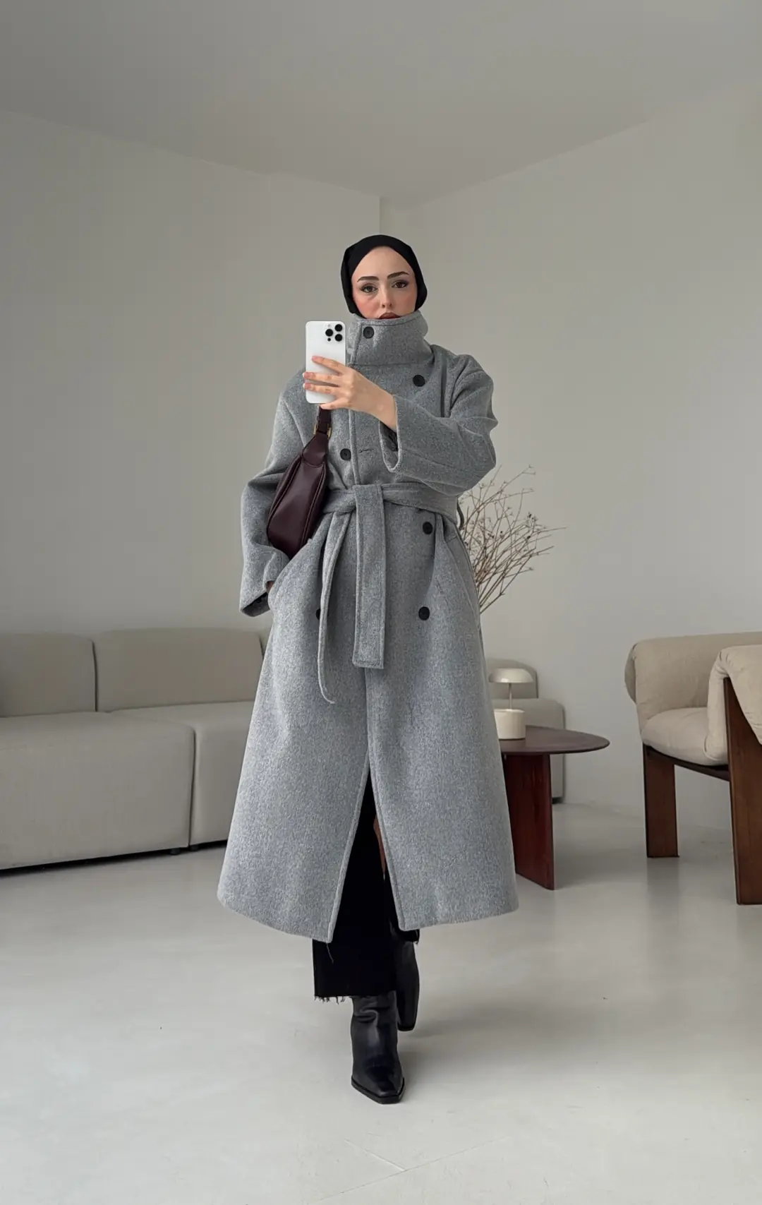 Siyah Düğmeli Yakalı Kaban Gri - Görsel 9