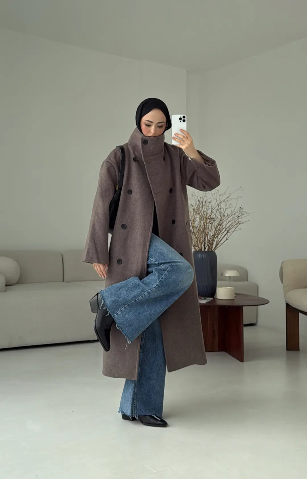 Siyah Düğmeli Yakalı Kaban Koyu Kahve - Görsel 10