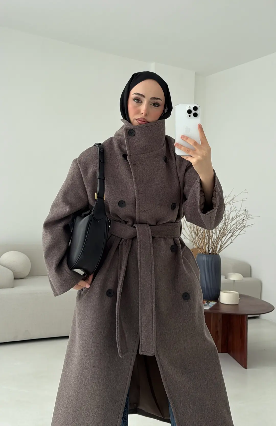 Siyah Düğmeli Yakalı Kaban Koyu Kahve - Görsel 4