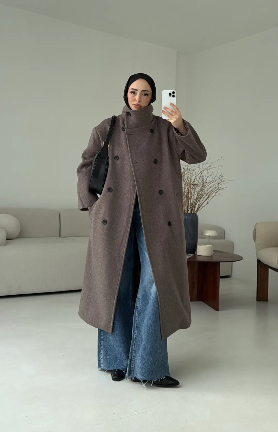 Siyah Düğmeli Yakalı Kaban Koyu Kahve - Görsel 7