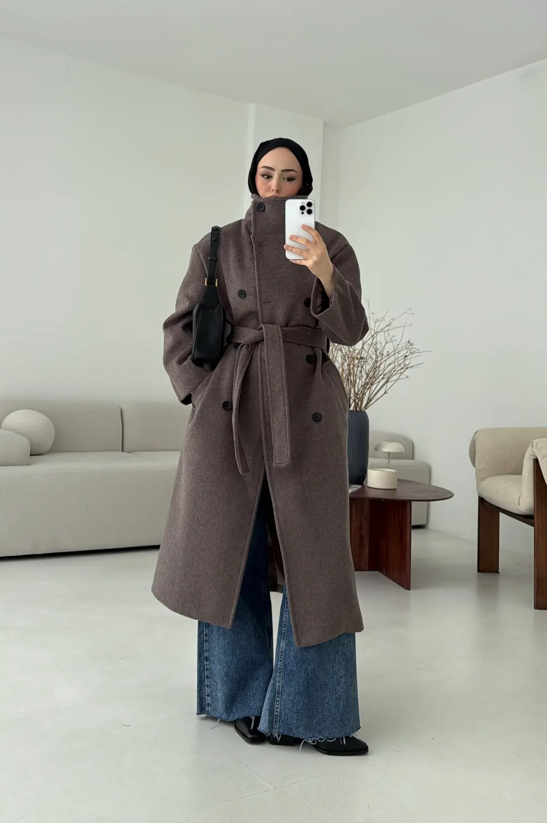 Siyah Düğmeli Yakalı Kaban Koyu Kahve - Görsel 9