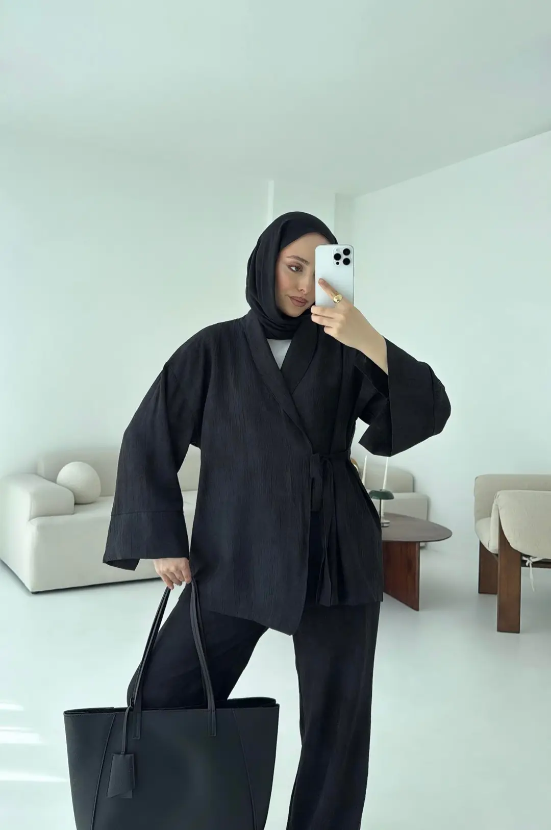 Siyah Yandan Baglamalı Kimono Takım - Görsel 3