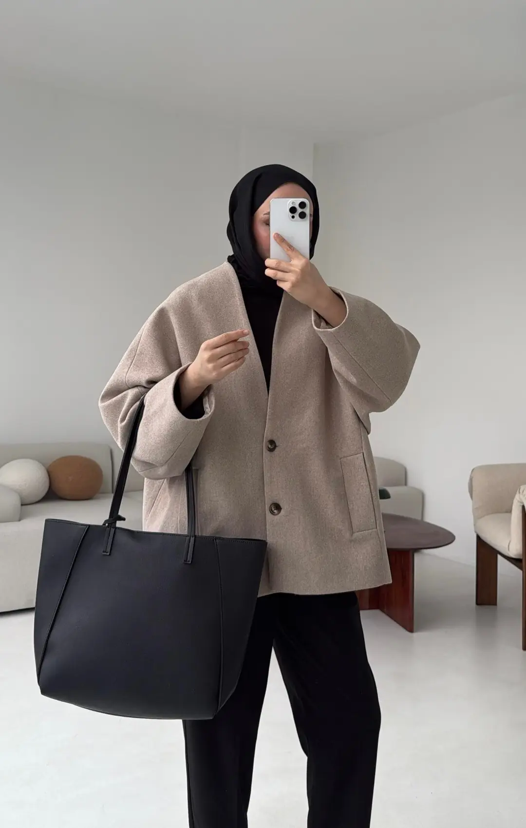 Soft Oversize Kaşe Kaban Bej - Görsel 7