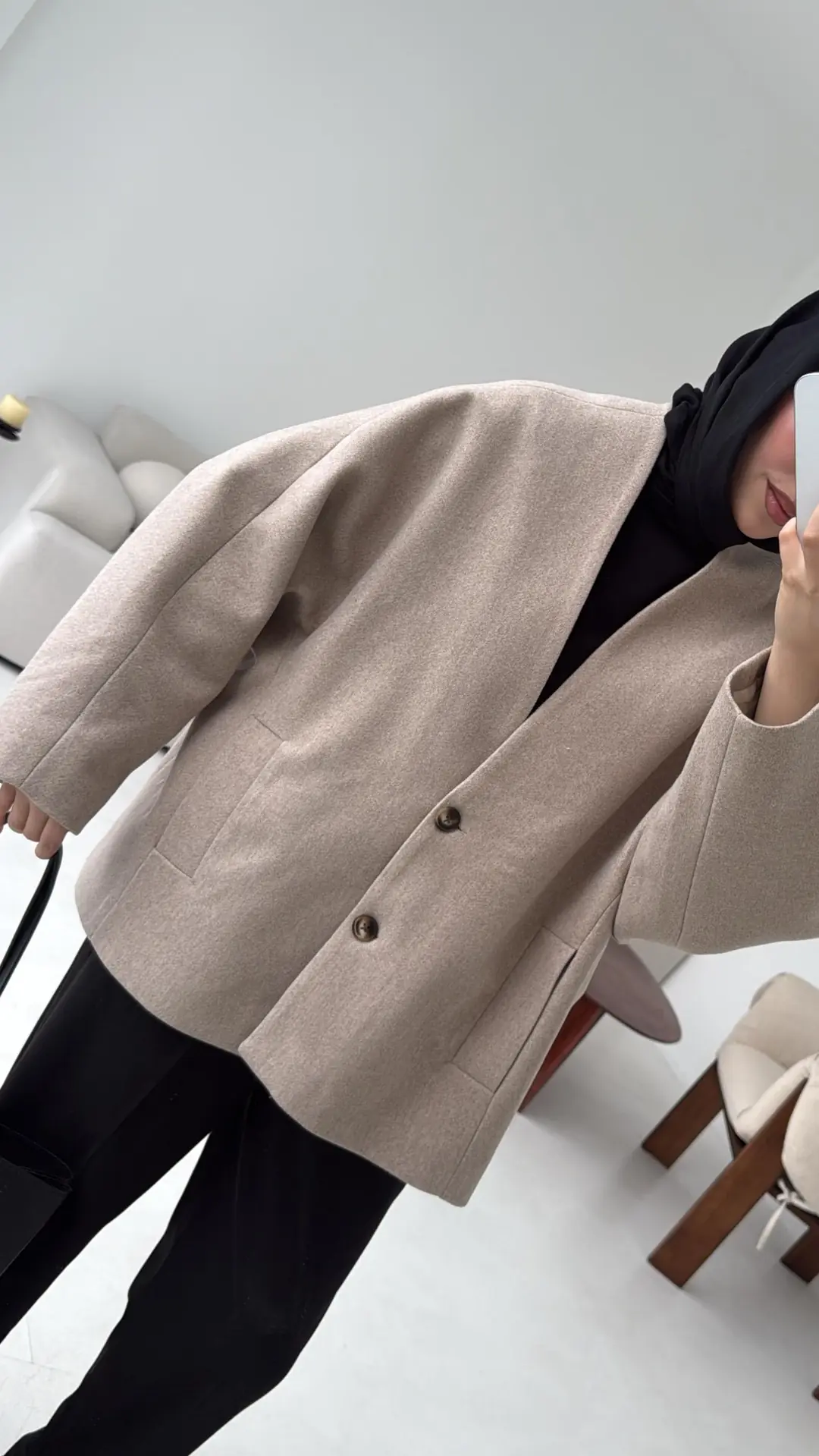 Soft Oversize Kaşe Kaban Bej - Görsel 8