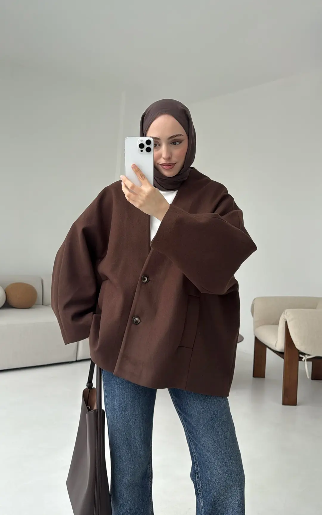 Soft Oversize Kaşe Kaban Kahve - Görsel 3